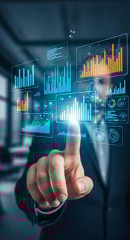 Businessman's finger interacting with holographic data charts, graphs, and financial analytics photo