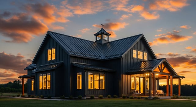Modern Black Farmhouse at Sunset with Warm Interior Lighting photo
