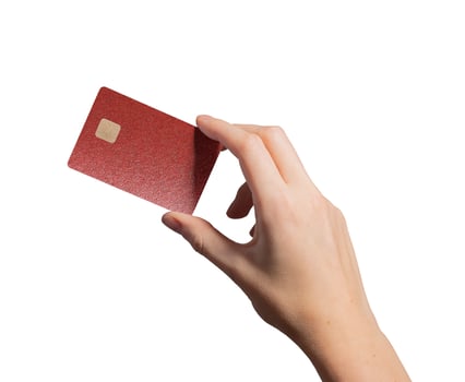 Financial purchase concept. Hand holding plastic bankcard with chip in closeup for credit, debit, photo