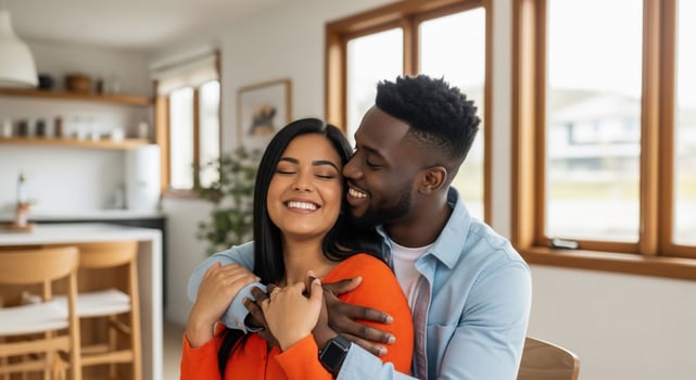 A young couple embracing in a kitchen photo