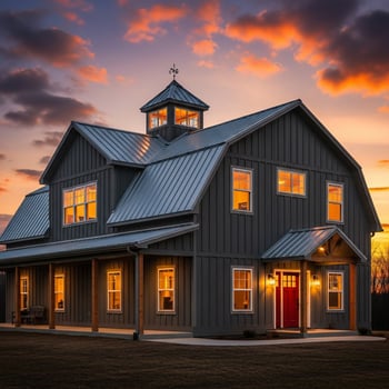 Dramatic Sunset Illuminates Modern Barn Home with Red Door and Cupola photo
