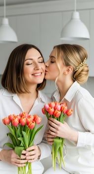 Two women in white shirts kissing and holding tulips photo