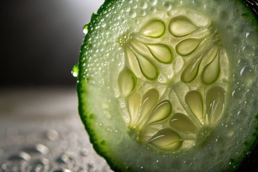 A close up shot showcasing a translucent cucumber slice with water droplets. photo