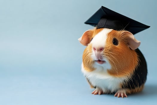 Adorable fluffy guinea pig wearing classic graduation cap, isolated on light blue background with copy space, perfect for educational and celebration themed designs photo