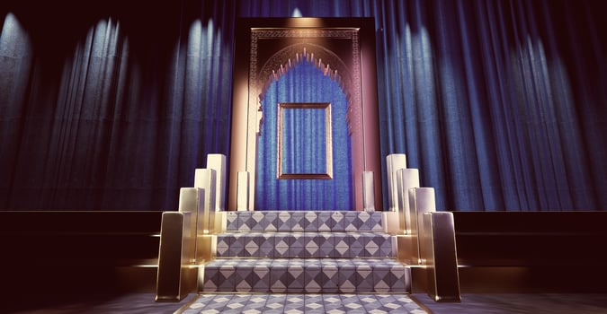 old stairs leading to a archdoor with golden frame, photo
