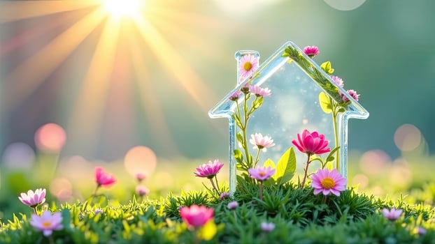 A house with pink flowers and grass in the sun photo