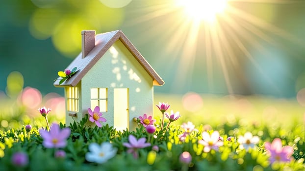 A small house is sitting in the grass with flowers photo