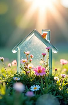House in the garden with flowers and sun photo