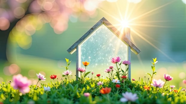 A house with flowers and sun shining through the window photo