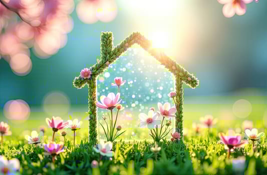 Spring house with flowers and sun in the background photo