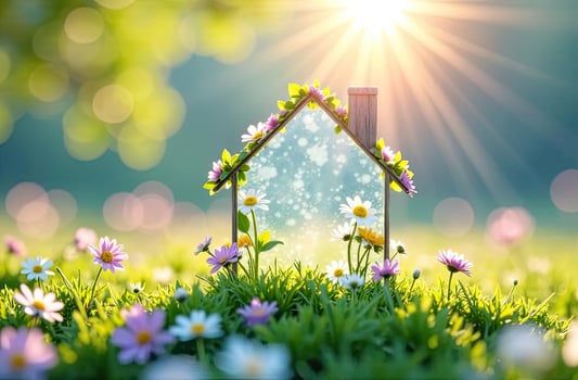 A house with flowers and grass in the foreground photo