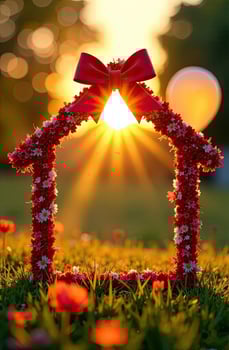 House with red bow on the grass at sunset photo
