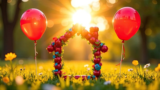 A house made of balloons and red balloons in the grass photo