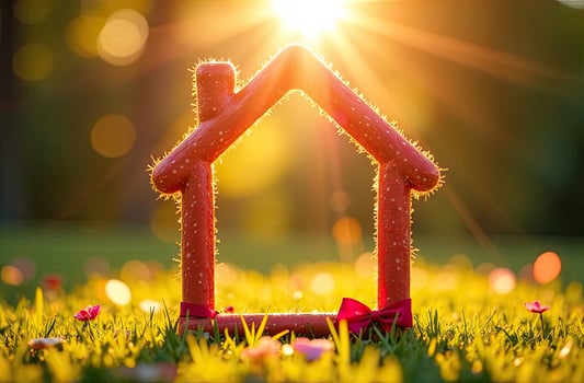A house made of red sticks on grass with sun shining photo