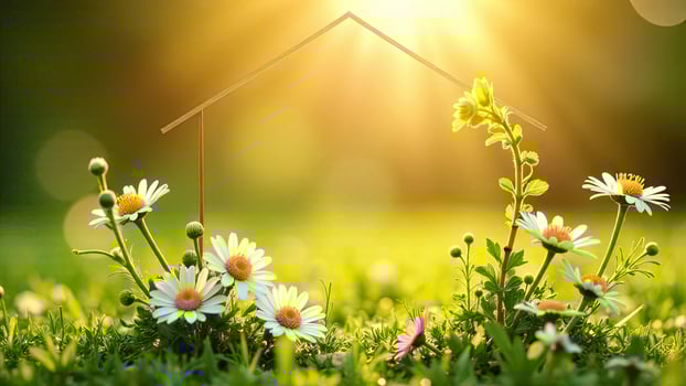 House in the grass with daisies and sun photo