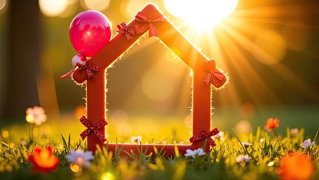 A house with balloons and a red ribbon on it photo