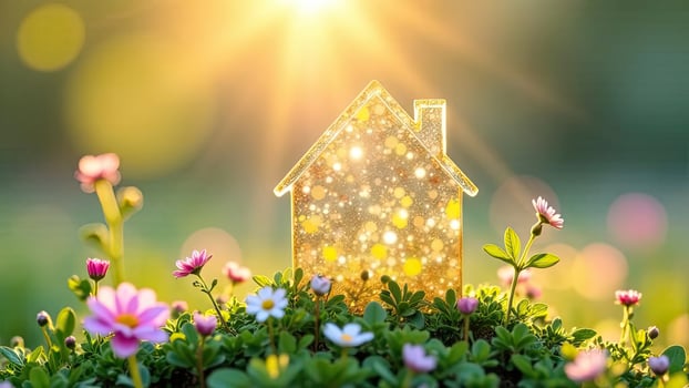 A house with flowers and sun shining in the background photo