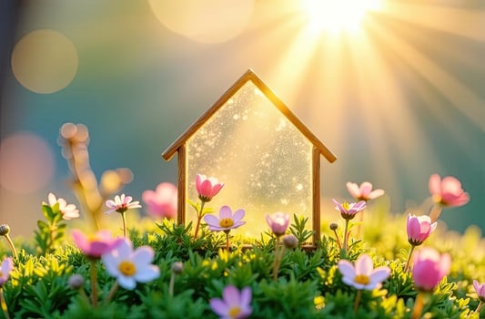 House in the grass with flowers and sun photo