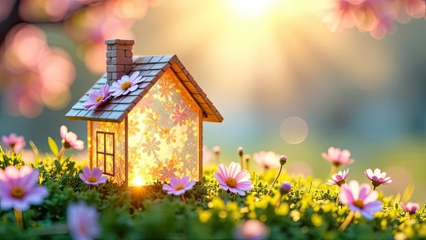 A small house with pink flowers in the foreground photo