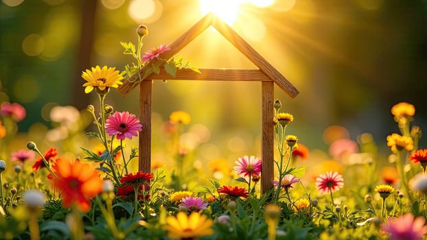 A house with flowers in the foreground and sun shining through photo