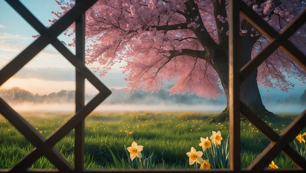 Spring Blossom Tree Through Lattice with Foggy Meadow View photo