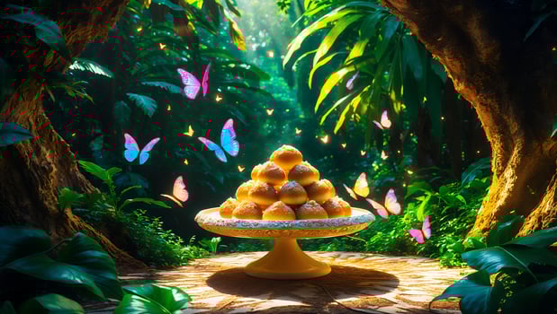 Delicious Cake Balls on Pedestal Displayed in Lush Green Forest photo