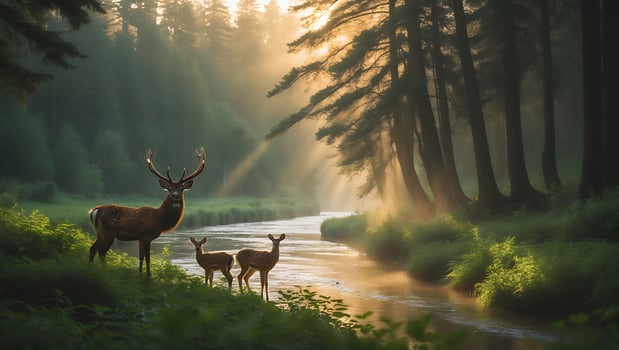 Deer Family Standing Near River in Sunlit Forest Landscape photo