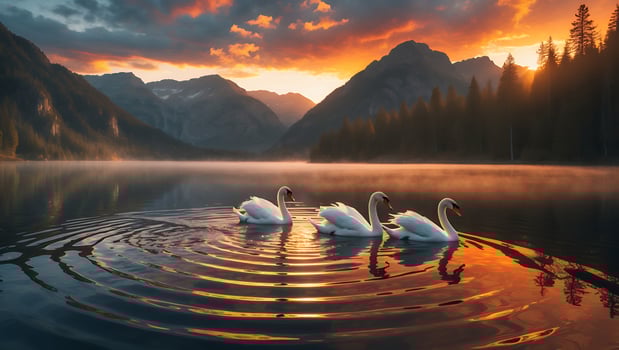 Swans Swimming on Still Lake Water at Sunset with Mountain Backdrop photo