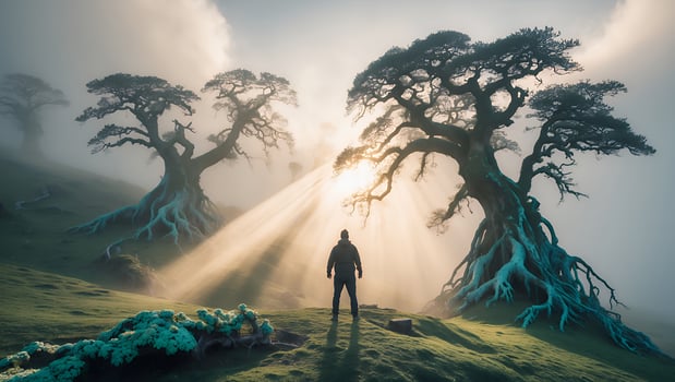 Person Admiring Ancient Trees and Sunlight Beams in Misty Landscape photo