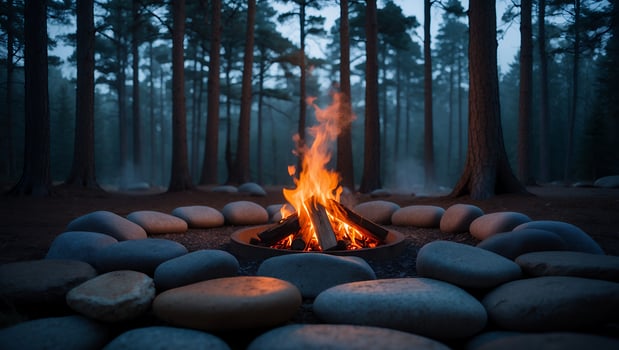 Campfire Burning in Forest Clearing with Stones and Tall Trees photo