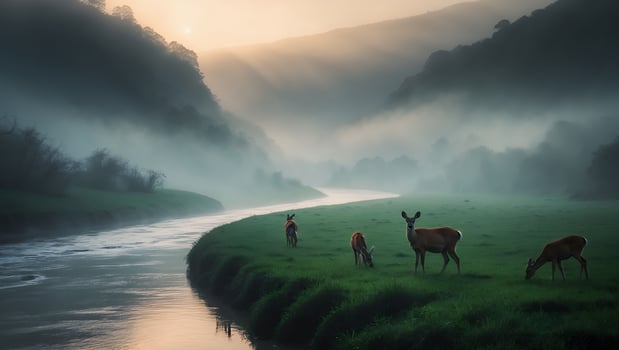 Deer Grazing by River in Foggy Valley at Sunrise photo