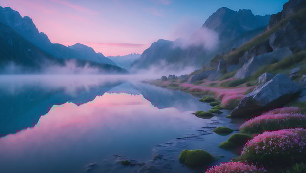 Calm Mountain Lake Reflecting Pink Sky with Fog and Wildflowers photo