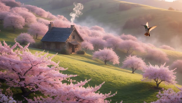Charming Cottage Surrounded by Cherry Blossoms with Flying Hummingbird photo