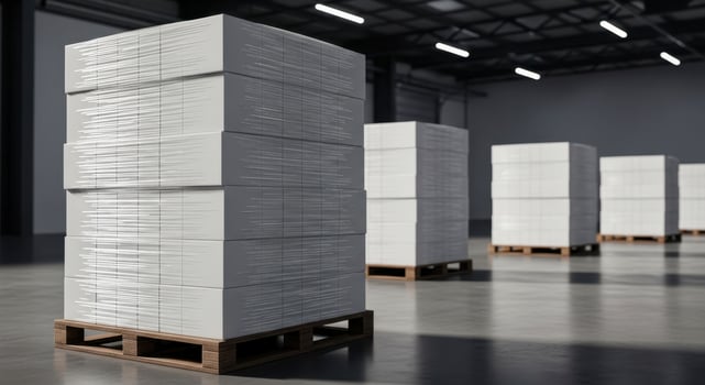 Stacks of white boxes on wooden pallets in a spacious industrial warehouse photo