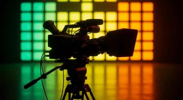 Professional Camera on Tripod in Studio with Colorful Illuminated Background photo