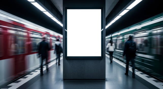 Blank Billboard Mockup in a Modern Subway Station with Blurred Trains and Commuters photo