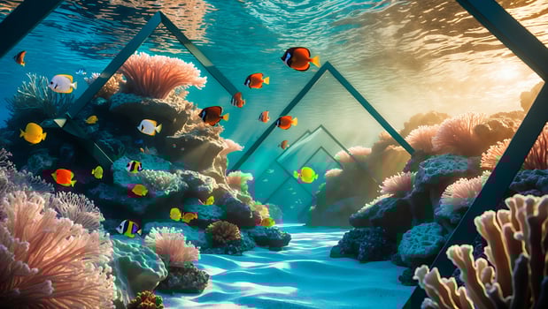 Swimming Fish and Coral Reef Underwater Scene with Geometric Frames photo