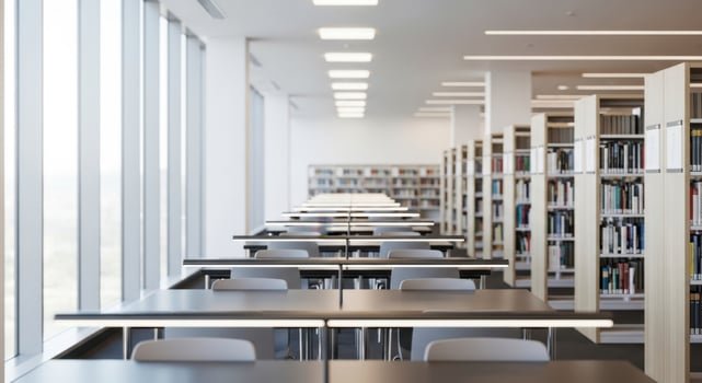 Modern Library Interior with Empty Study Tables and Bookshelves photo