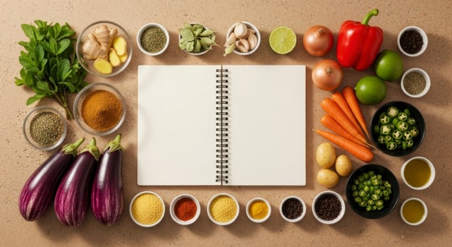 Fresh cooking ingredients and an open blank recipe notebook arranged for meal preparation photo