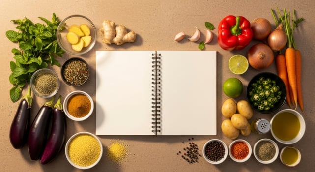 Fresh Cooking Ingredients and Blank Recipe Notebook on Kitchen Counter for Culinary Preparation photo
