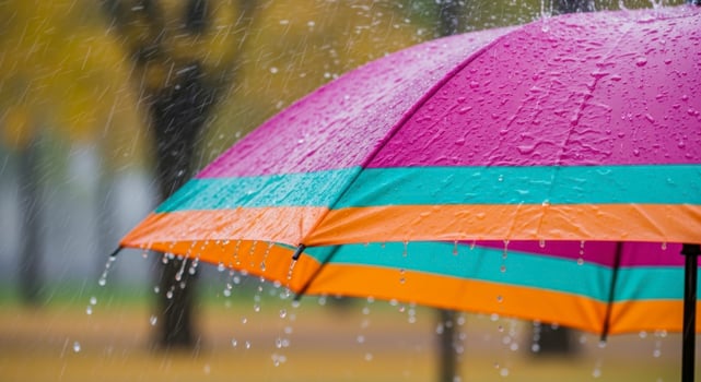 Vibrant Striped Umbrella Covered in Raindrops During a Heavy Autumn Downpour photo