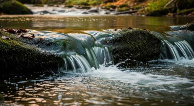 Gentle cascade of water flowing over mossy rocks in a serene forest stream photo