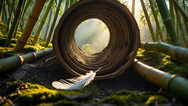 Feather in Bamboo Forest with Sunlight Shining Through Hollow Log photo