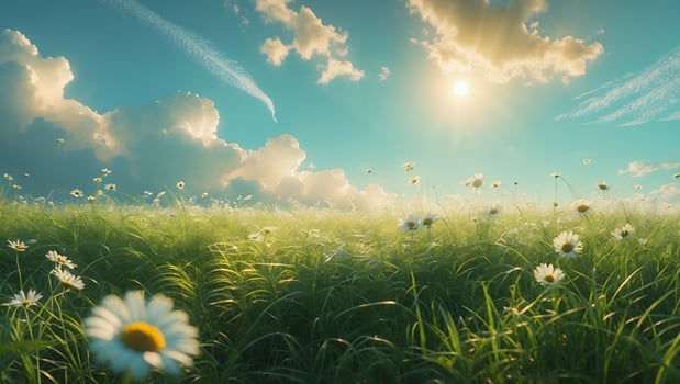 Daisies Bloom in a Sunny Meadow Under a Bright Summer Sky photo
