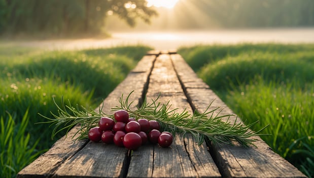 Cranberries and Rosemary on a Wooden Path with Sunrise Background photo