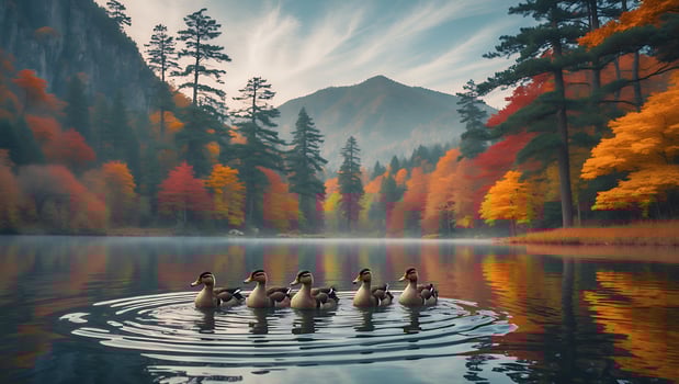 Ducks Swimming in Calm Lake Surrounded by Colorful Autumn Forest photo
