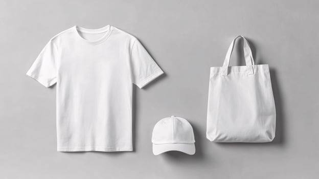 Blank White T-Shirt Mockup with Cap and Tote Bag on Grey Background photo
