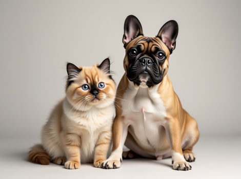 French bulldog and cat on white background photo