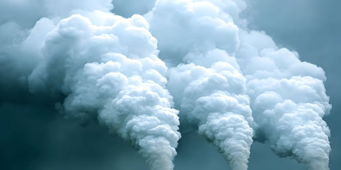 Thick White Smoke Plumes Rising Against Dark Sky Industrial Pollution Air Pollution Climate Change photo