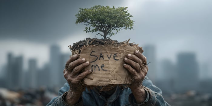 Save Me Environmental Concept Image Person Holding Small Tree in Cardboard Box with City Background photo